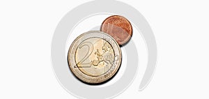 EUR. European currency. Coins in denominations of 2 euros and 1 cent