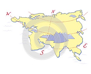 Eurasia continent map, Europe, Asia. View from the north side, mountains and sea. Humorous illustration