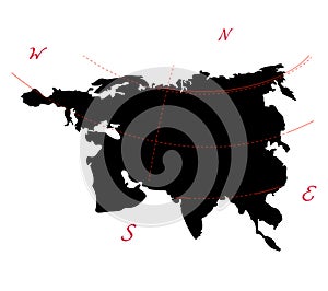 Eurasia continent map, Europe, Asia. View from the north side. Vector illustration