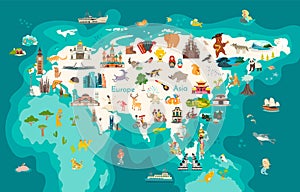 Eurasia continent, world map with landmarks vector cartoon illustration