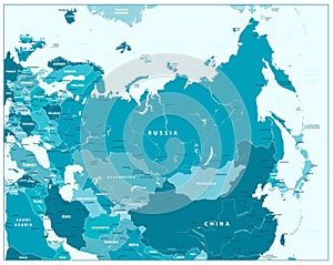 Eurasia map in aqua blue colors