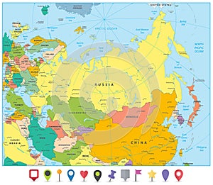 Eurasia political map and flat map pointers