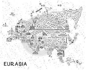 Eurasia Travel Line Icons Map. Travel Poster with animals and sightseeing attractions. Inspirational Vector Illustration