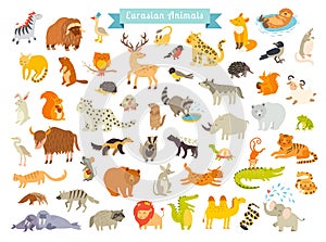 Eurasian animals vector illustration. The most complete big vector set of mammals in Eurasia