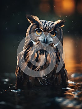 Eurasian Eagle Owl (Bubo bubo) in rain