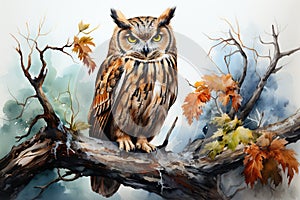 Eurasian eagle owl sitting on a tree branch with autumn leaves Generative AI Generative AI