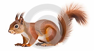 Eurasian red squirrel isolated on white background in front of a white background. generative ai