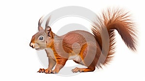 Eurasian red squirrel isolated on white background in front of a white background. generative ai