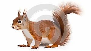 Eurasian red squirrel isolated on white background in front of a white background. generative ai