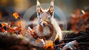 The Eurasian red squirrel (Sciurus vulgaris) in its natural habitat in the autumn forest. ai