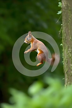Eurasian red squirrel Sciurus vulgaris jumping in the forest at summer day, neural network generated photorealistic image photo