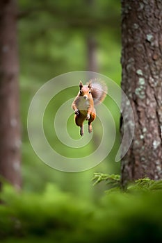 Eurasian red squirrel Sciurus vulgaris jumping in the forest at summer day, neural network generated photorealistic photo