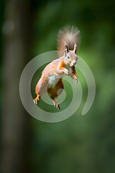 Eurasian red squirrel Sciurus vulgaris jumping in the forest at summer day, neural network generated photorealistic photo
