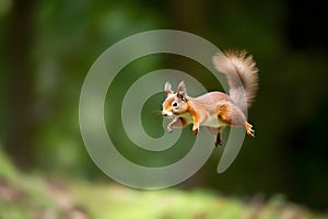 Eurasian red squirrel Sciurus vulgaris jumping in the forest at summer day, neural network generated photorealistic photo