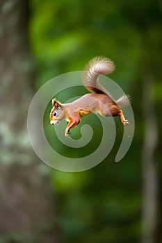 Eurasian red squirrel Sciurus vulgaris jumping in the forest at summer day, neural network generated photorealistic photo