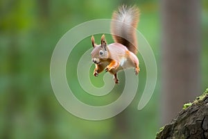 Eurasian red squirrel Sciurus vulgaris jumping in the forest at summer day, neural network generated photorealistic photo