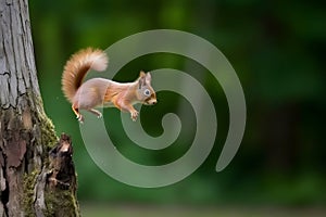 Eurasian red squirrel Sciurus vulgaris jumping in the forest at summer day, neural network generated photorealistic photo