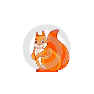Eurasian red squirrel. Tail up. Cartoon character of a rodent mammal animal. A wild forest creature with orange fur