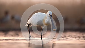 Eurasian spoonbill walking in water in spring sunset