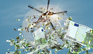 Euro 100 banknotes helicopter money dropping 3d illustration