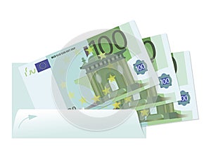 Euro 100. Envelope. Cash bills. Money in an envelope. Banknotes isolated on white background.