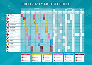 Euro 2020 match schedule - football championship timetable. All european participating countries - high quality vector with flags