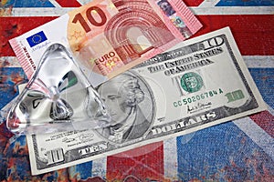 Euro and american dollar on British flag