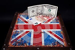 Euro and american dollar on British flag