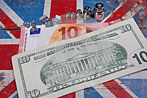 Euro and american dollar on British flag
