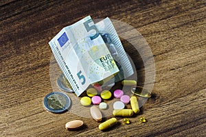 Euro banknote and coins with pills