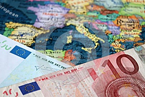 Euro banknote on the Europe map