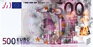 500 euro banknote on fire for the bankruptcy of the euro currency, bad investment, exit of nations from Europe, a stock market photo