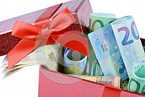 Euro banknote in gift box