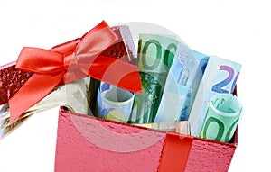 Euro banknote in gift box