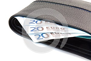 Euro banknote in leather wallet