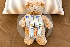 Euro banknote money on soft bear resting on stripe pillow and br