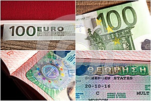 Euro banknote on wooden background and a Schengen visa in the passport