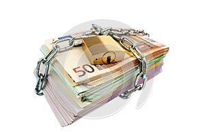 Euro banknotes with chain and padlock