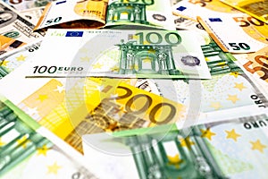 Euro banknotes close up. Several hundred