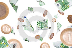 Euro Banknotes and Coins Flying