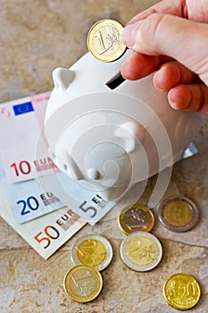 Euro banknotes and coins with piggy bank