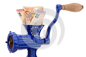 Euro banknotes while destruction in mincer photo
