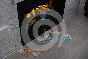 euro banknotes fire in fireplace