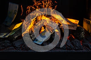 euro banknotes fire in fireplace