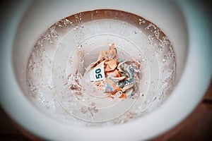 Banknotes dollars and euros are thrown into the toilet and washed off with water