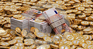 Euro banknotes and golden Bitcoins