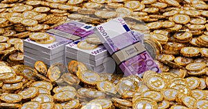 Euro banknotes and golden Bitcoins