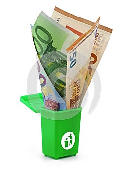 Euro banknotes in a green dust bin isolated on white background, concept of money wasting