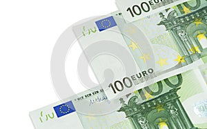 Euro banknotes isolated on white background of hundred bills. European EU cash
