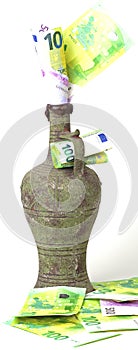 Euro banknotes in a jugful